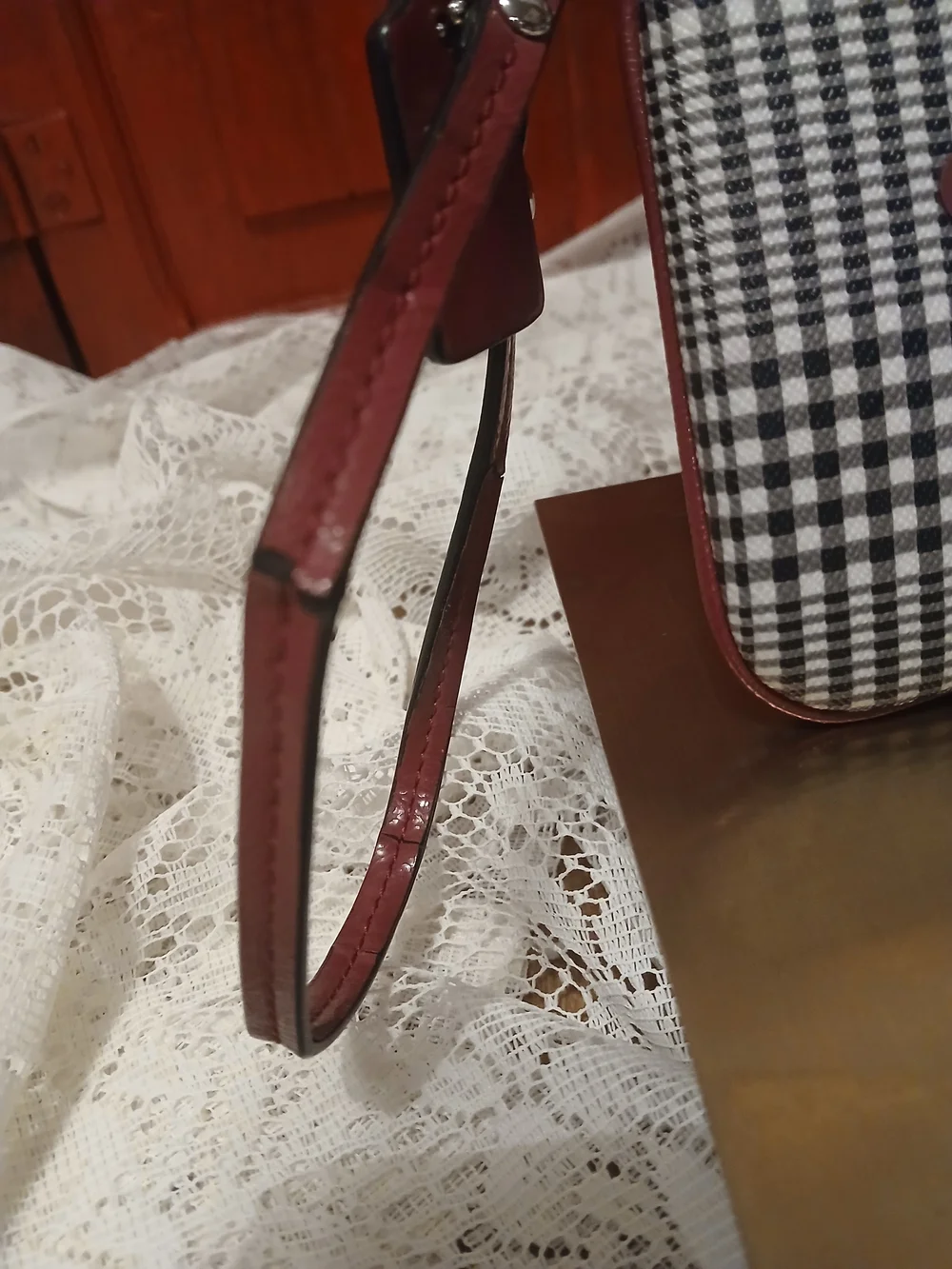 Coach Peyton Glen Plaid Wristlet with Cranberry Accent